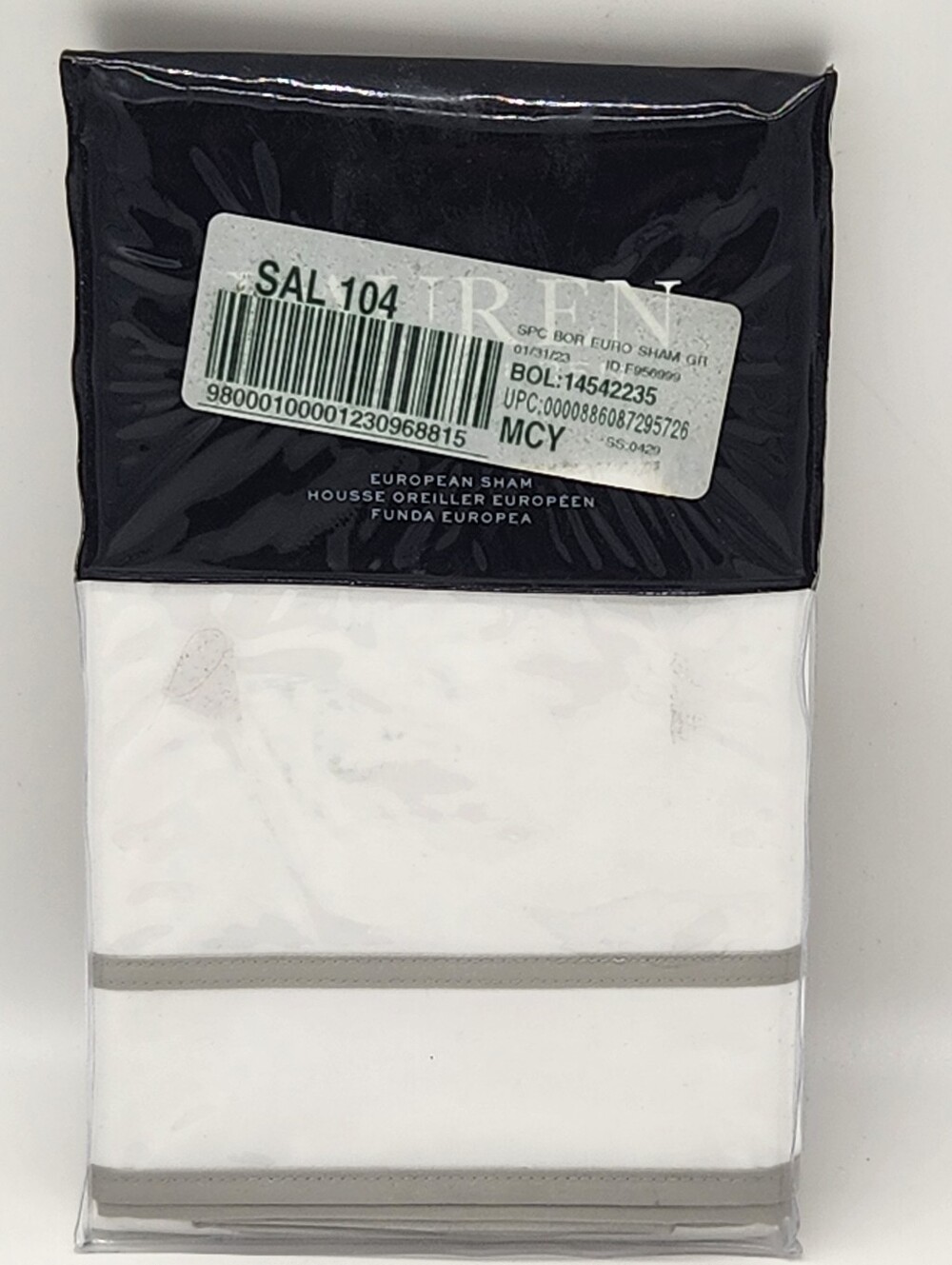 Lauren Ralph Lauren Spencer Border Euro Sham White Grey 26x26 300TC NWT